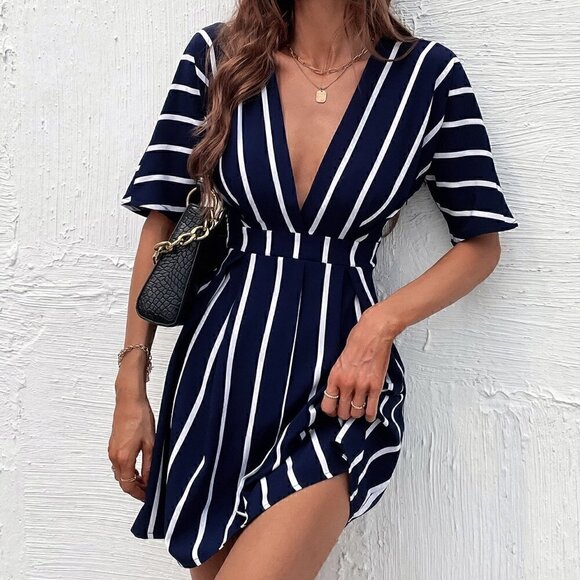Navy Blue Casual Women's Striped Plunging Neck Fold Pleated Detail Dress - Picture 1 of 5